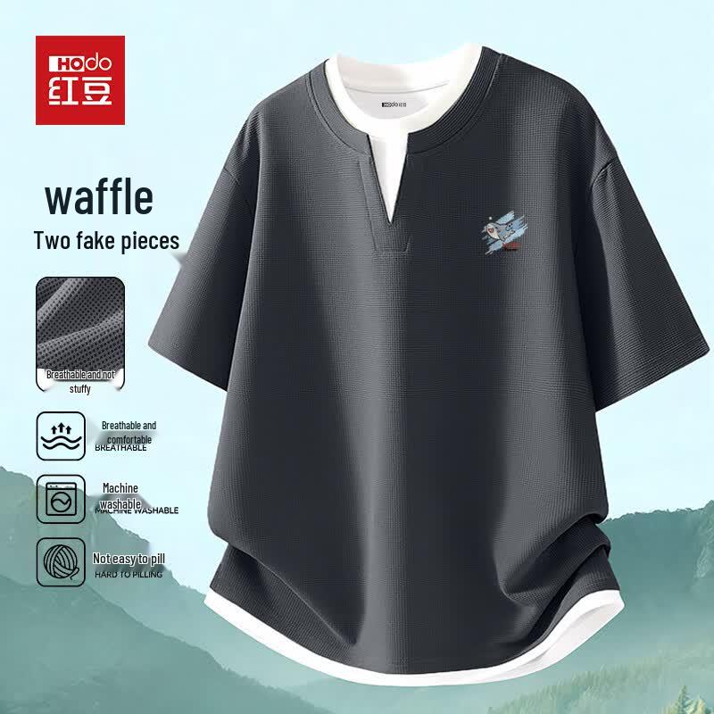 Hodo Men's Summer Waffle Faux Two-Piece Round Neck T-Shirt