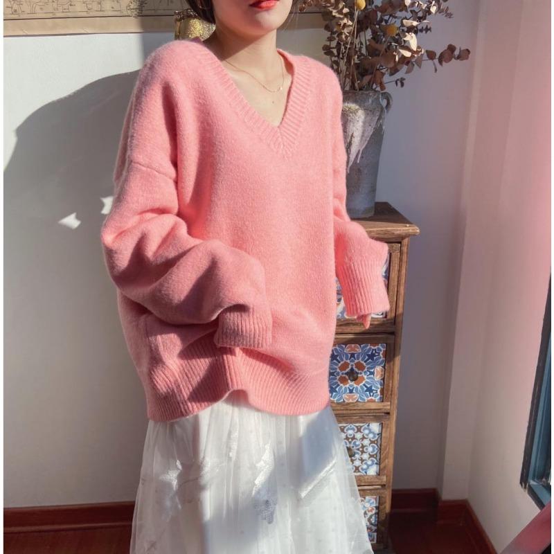 Mohair Gentle Jumper Sweater Women's Fall and Winter V-neck Pullover Loose Lazy Wind Soft Knitted Long-sleeved Blouse