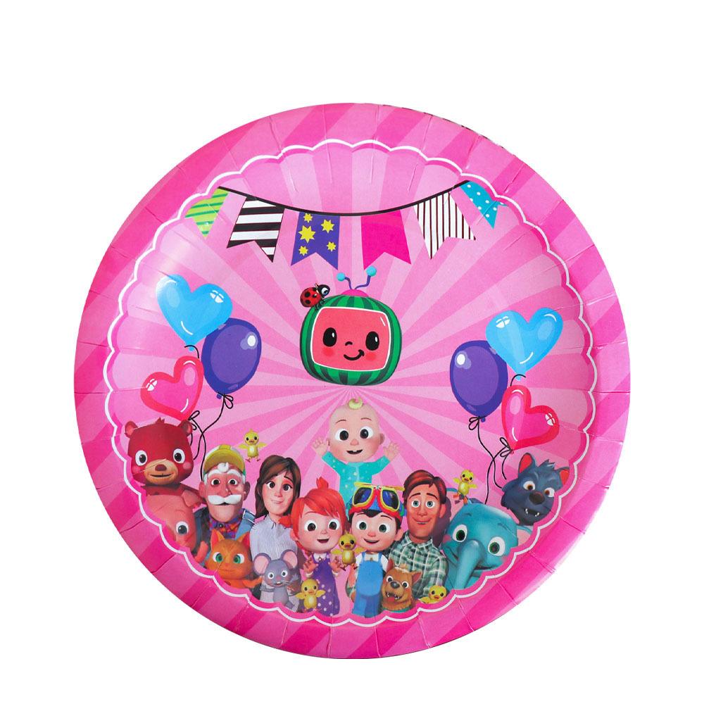 Cocomelon Pink Party Pack: Paper Plates, Cups, Tablecloth, Flags, Candy Boxes - Disposable Tableware Set for Parties