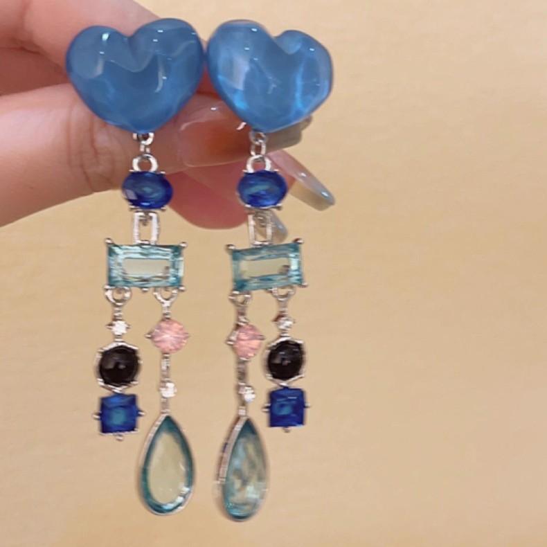 Niche design seaside vacation style earrings love fringed multi-color gemstone water drop stud earrings new trendy super fairy earrings