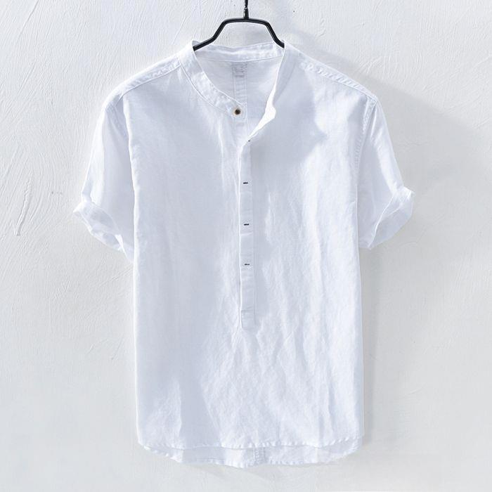 Men's Retro Japanese Linen White Lapel Short Sleeve Shirt