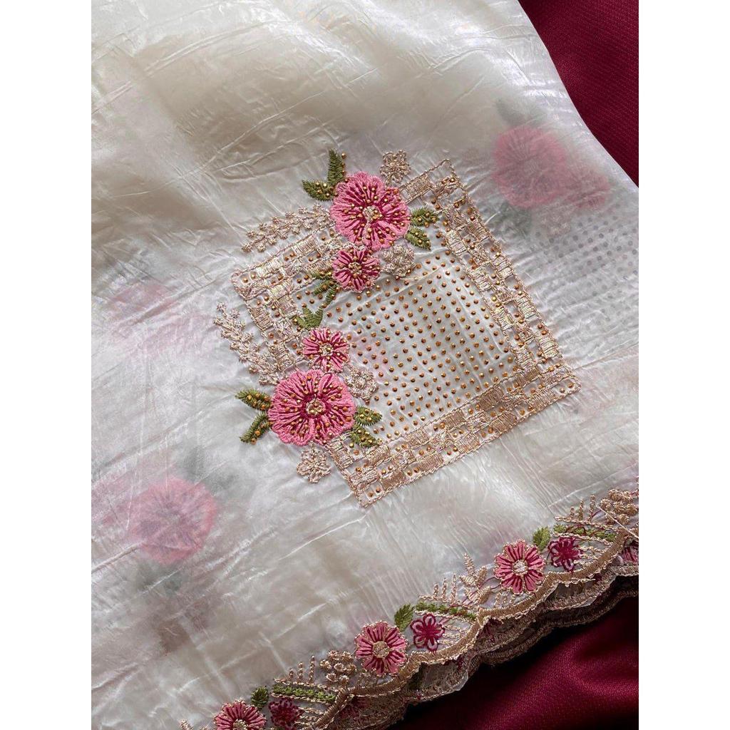 Pure Paper Silk Crush Saree  Beautiful Floral Embroidery All Over