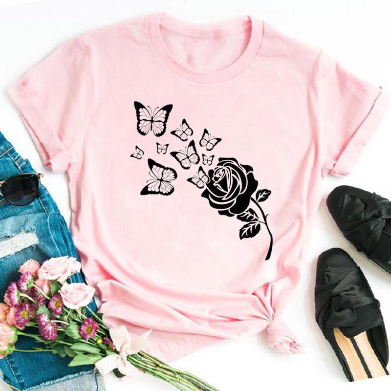 Fashionable Plus Size Color Butterfly Print Simple Base Shirt Loose Fitting Clothes Pure Cotton T-Shirts Women’s