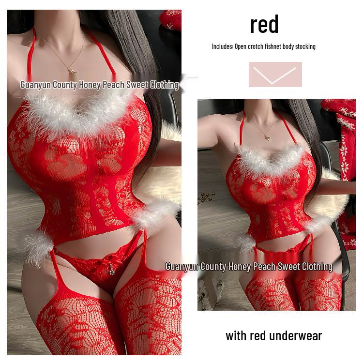 Fluffy Fishnet Suspender Bodystocking: Halter, Open Crotch, Christmas & New Year.
