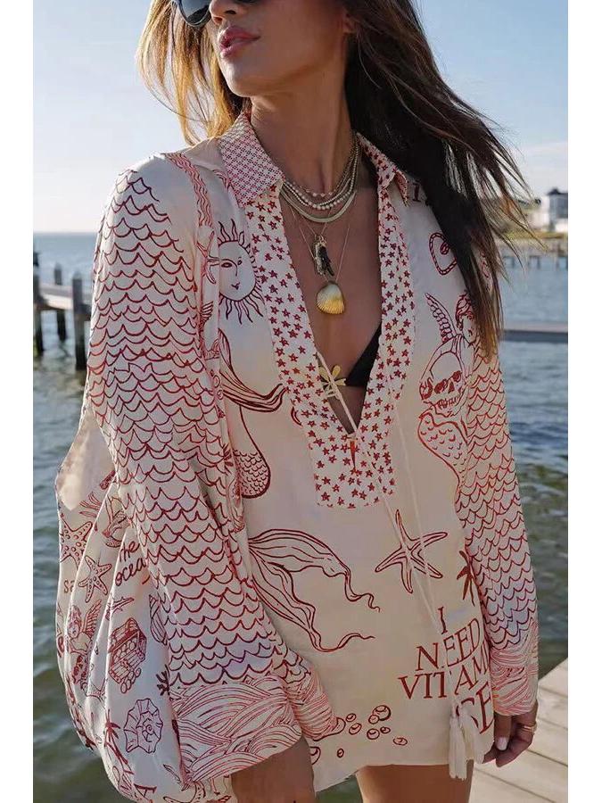 2025 Spring European Women's Casual Two-Piece Set: Loose Printed Shirt & Shorts
