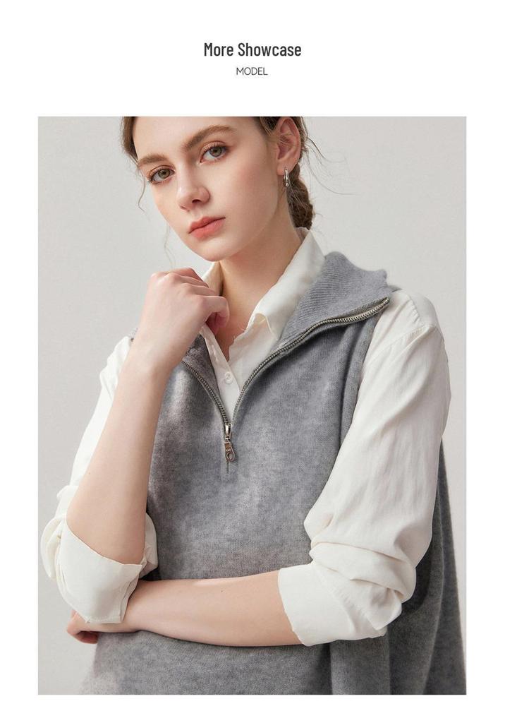 Women's High Neck Cashmere Knit Vest, Half Zip & Sleeveless, Versatile Autumn/Winter Sweater, Cardigan, Shawl Cape.