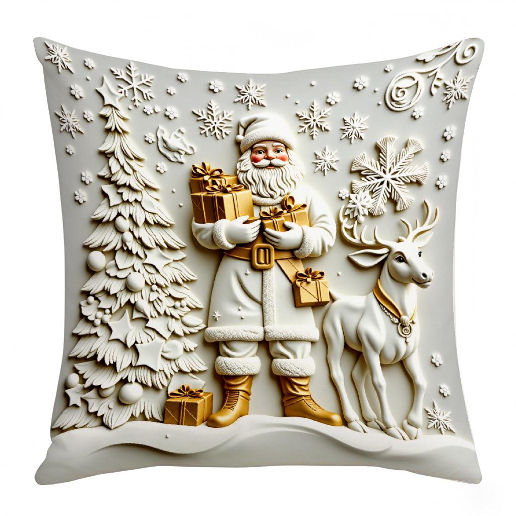Goldener weihnachtlicher Kurzplüsch-Kissenbezug mit Schneemann-, Rentier- und Baum-Design - Festliche Heimdeko-Kissenhülle
