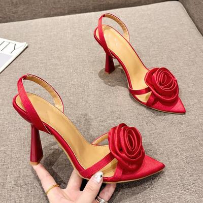 Moda Verão Moda Seda Rosa Flores Tira Traseira Sandálias De Salto Alto Feminino Bico Aberto Vermelho Salto Alto Casamento Baile Sapato Zapatos Mujer