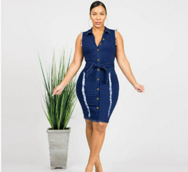 

Женское европейско-американское джинсовое платье средней длины, приталенное, с эффектом потертости Extra Large темно-синий