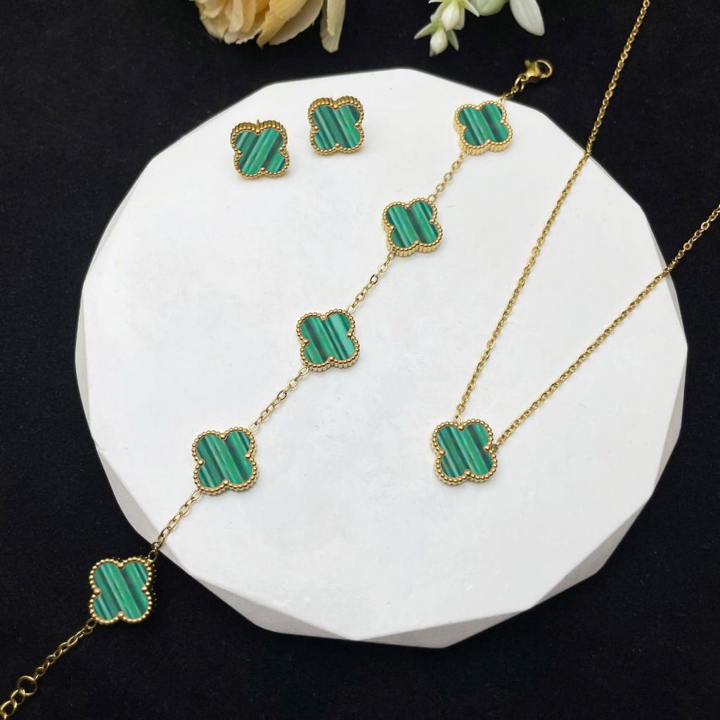 Set din trei piese colier, brățară și cercei trifoi cu patru foi de 13 mm, din oțel titan, set de bijuterii cu două fețe