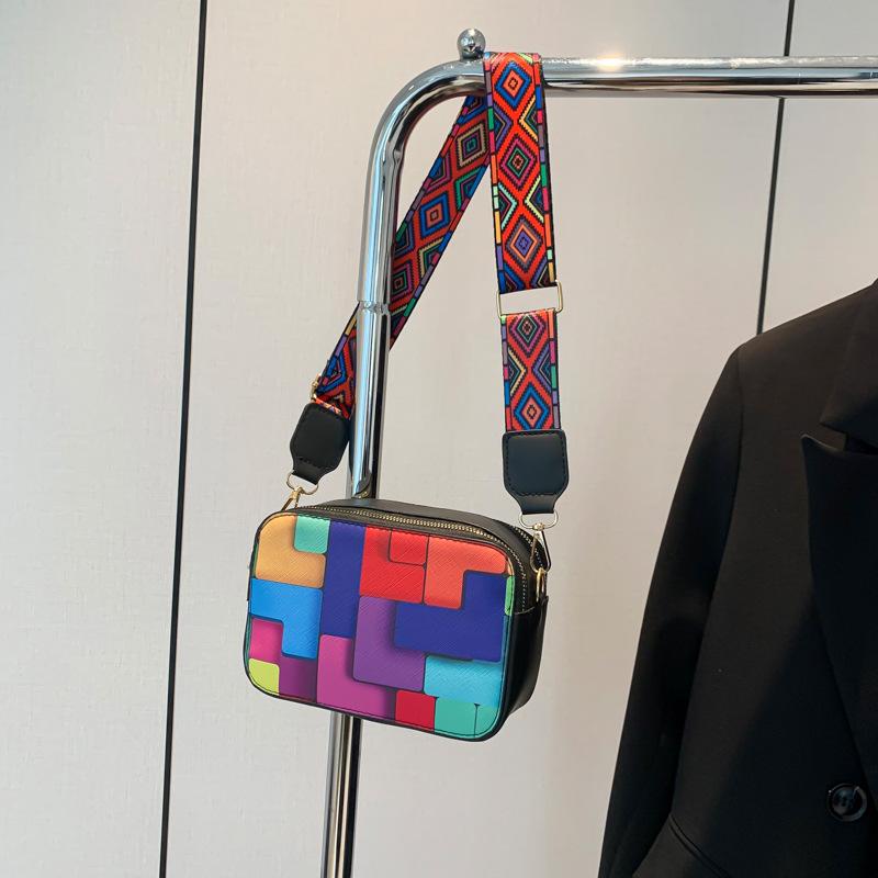 2025 Herbst neue Mode kariert kontrastfarbig Schulter Umhängetasche lässiger breiter Schultergurt hochwertig kleine quadratische Tasche