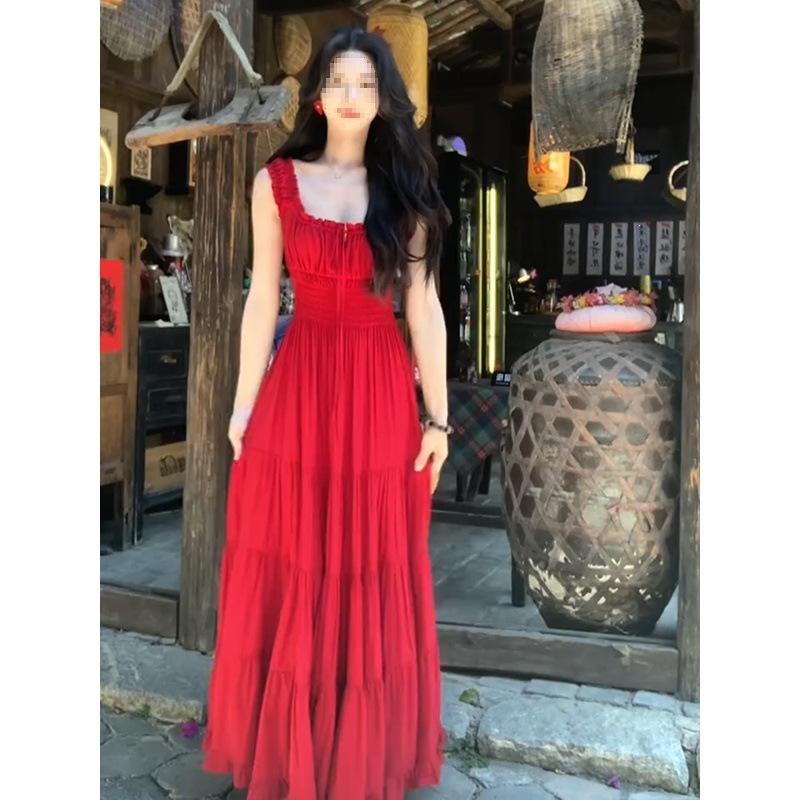 In Stock At Actual Price, French Red Sleeveless Suspender Dress for Women's Summer New Waist and Thin Temperament Long Dress Is Popular.