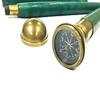 Baston antic din lemn de epocă cu mâner din alamă și mâner rotund pentru busolă cu baston de lemn mărginit din piele verde