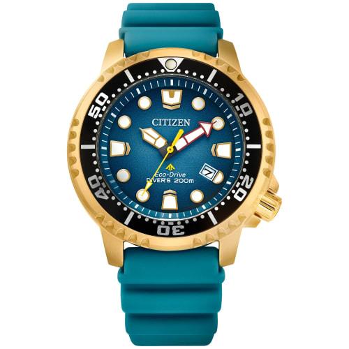 

Citizen Promaster Dive Eco-Drive Watch, 3-Hand, Date, ISO Certified, Luminous Hands and Markers, Rotating Bezel, Teal/Gold Tone, Teal/Gold Tone. Dive