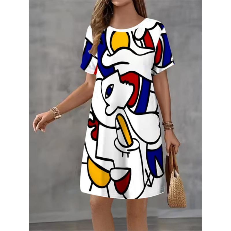 Women Summer Dress Fashionable Style Flower Print Casual Short Sleeved Round Neck A-line Dress Street Style Elegant Mini Dress