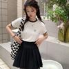 WTEMPO Branded Summer Women's Fashion Trend Clashing Trim Embroidered Short Sleeve T-shirt with Design Niche Round Neck Elasticated Tops