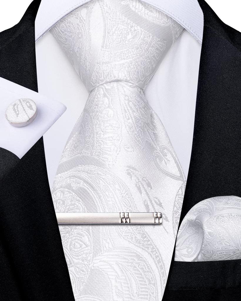 [DiBanGu] One-touch tie, white paisley, adjustable zipper, 4-piece tie set for weddings, business, formal occasions, washable, parties,