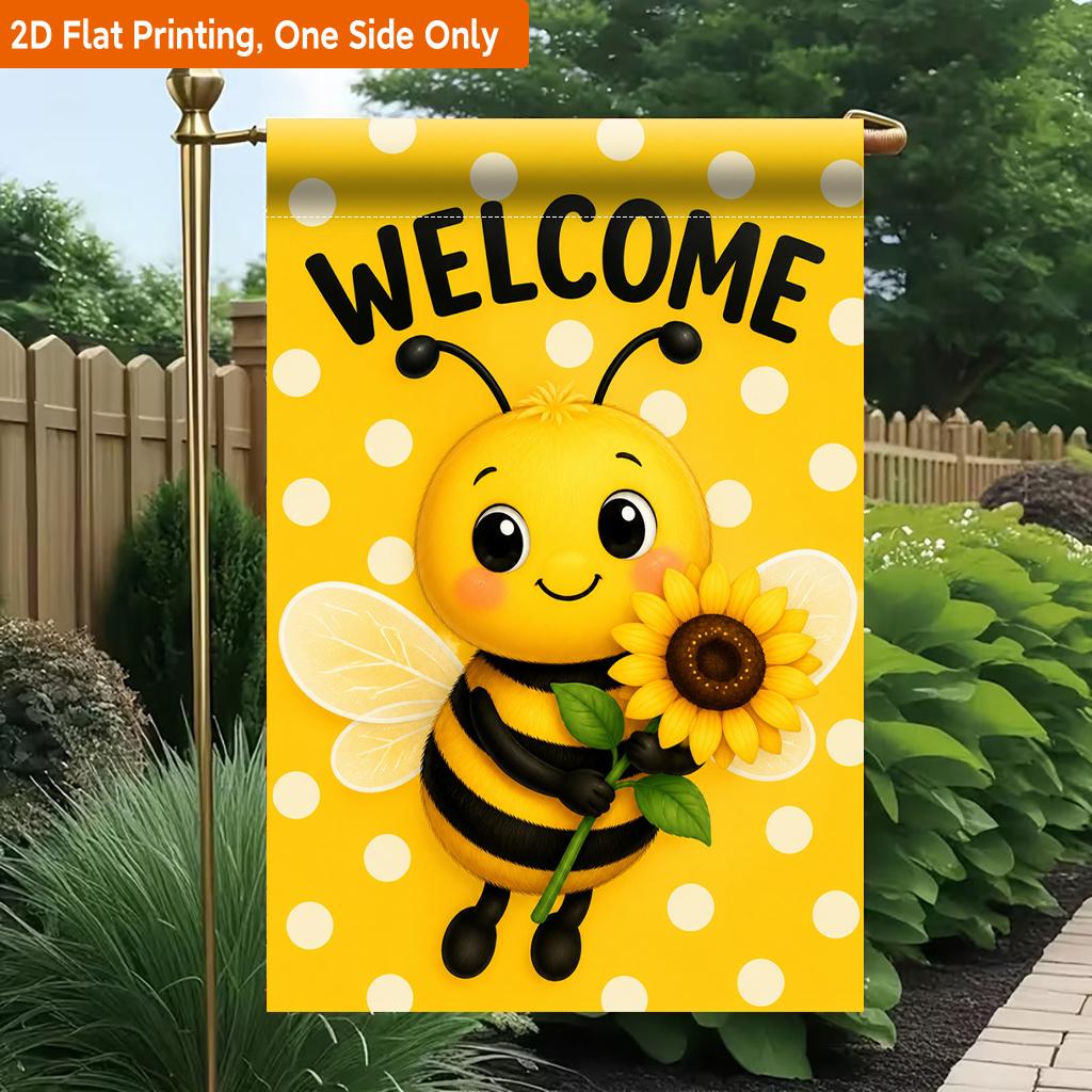 2D Flat, 2D Flat Printing Garden Flag 1pc, Welcoming Bee Holding Sunflower Durable Single-Sided Print Yard Flag, Garden & Home Holiday Decoration, 29.