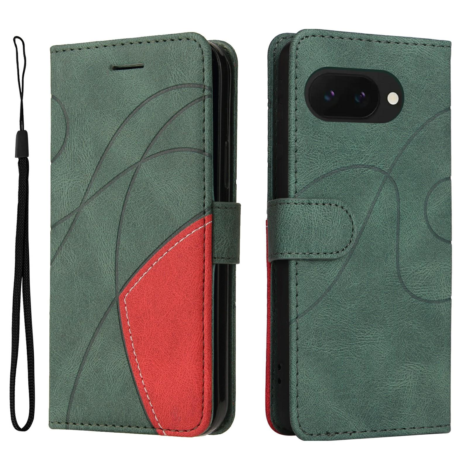

For Google Pixel 9a Leather Case Wallet Stand Color Splicing Phone Cover Green