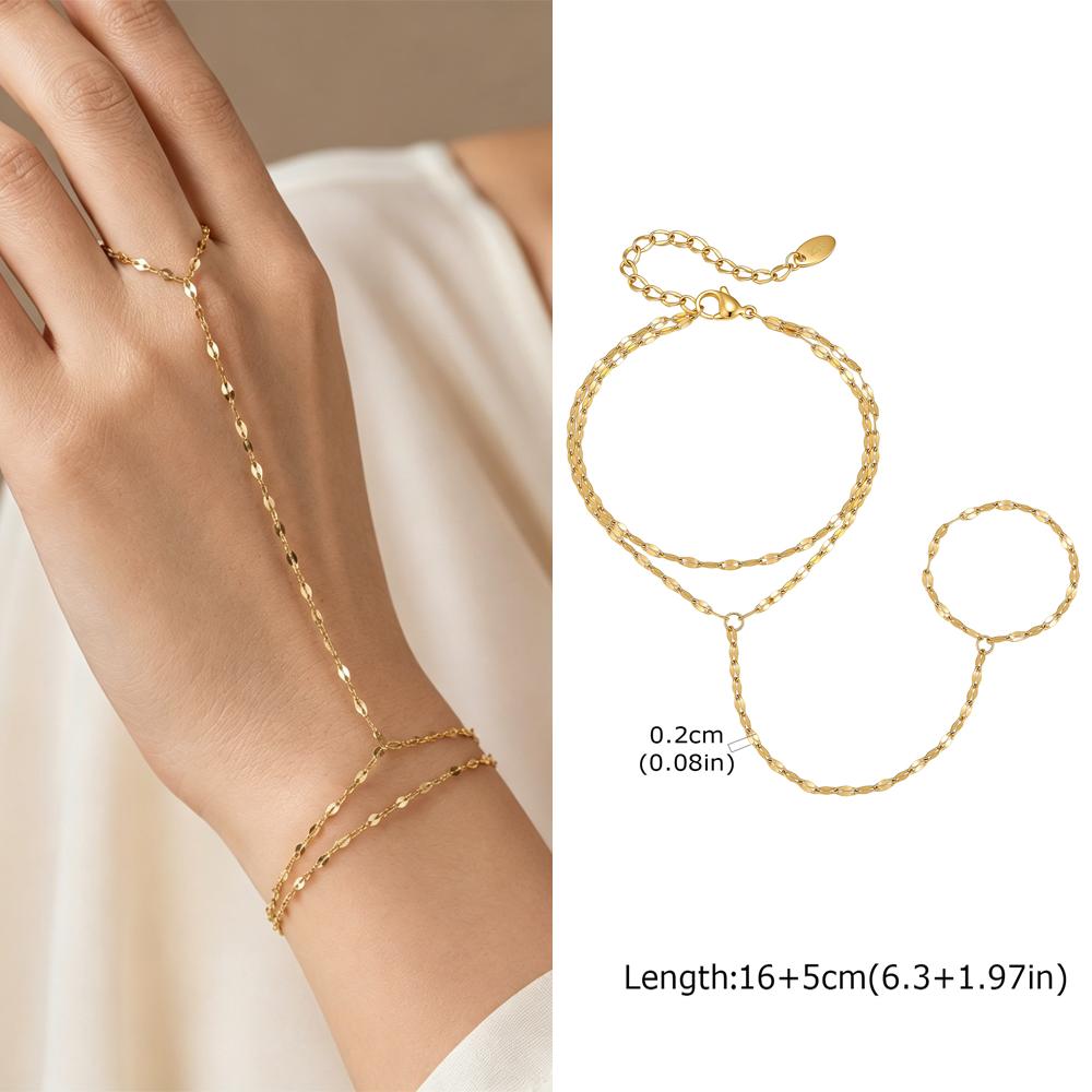 Luxury Minimalist Gold Plated Hand Chain Bracelets for Women, Thin Chain Finger Ring Bracelet, Elegant Stainless Steel Jewelry