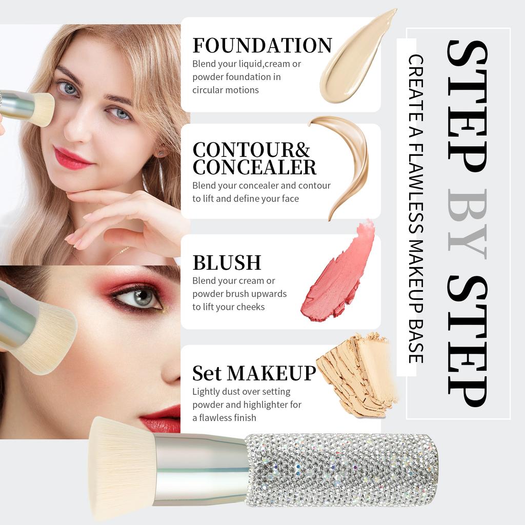 DUcare Rhinestone Foundation brush Diamond Bling Makeup Brush Flat Top Kabuki Brush, Synthetic Professional Liquid Blending Mineral Powder Makeup Tool