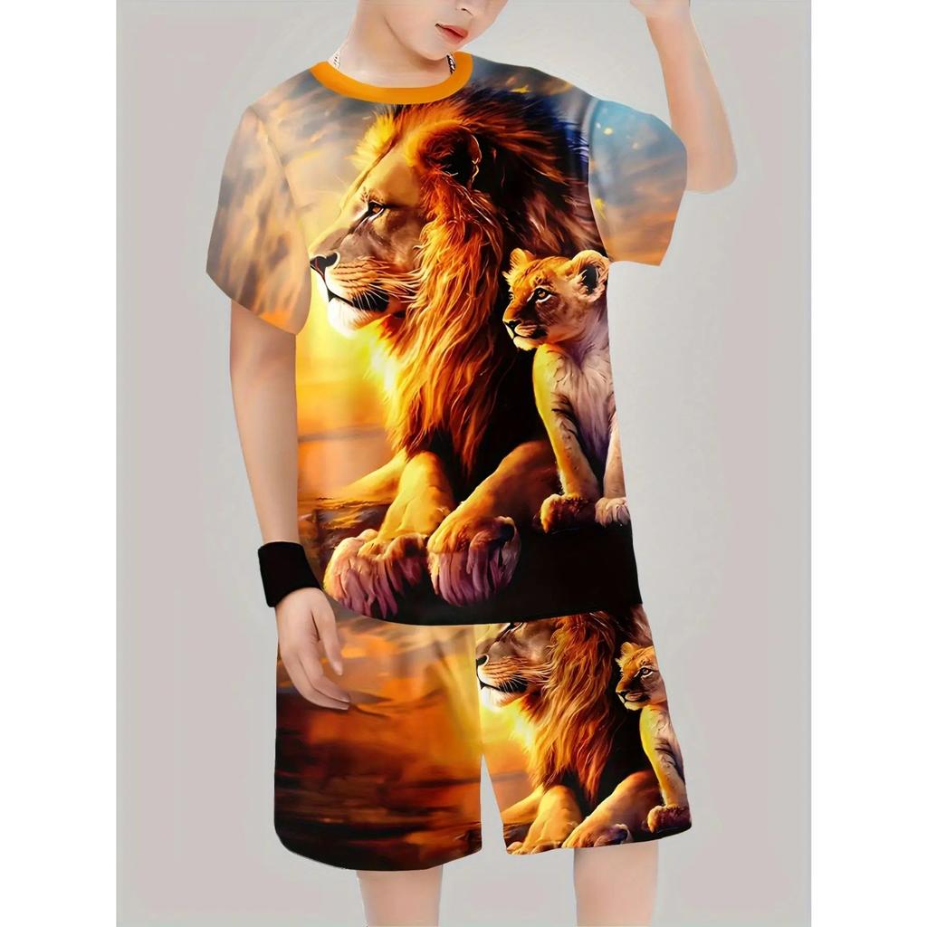 Boys' 3D Lion Printed Casual Set - Bright Cuff T-shirt and Shorts Combination, Casual Headset