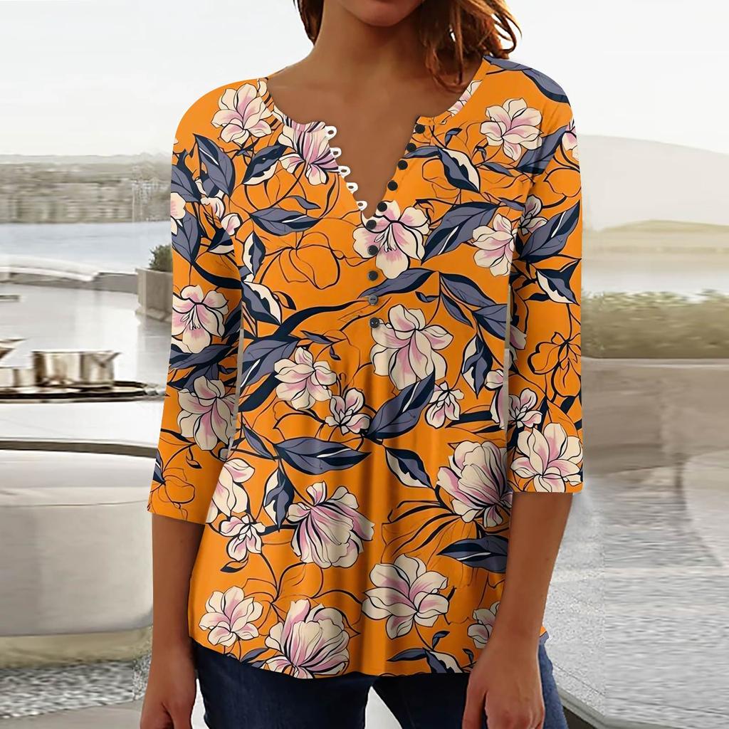 Women's Fashion Casual Pullover T-Shirt 3/4 Sleeve Printed Top