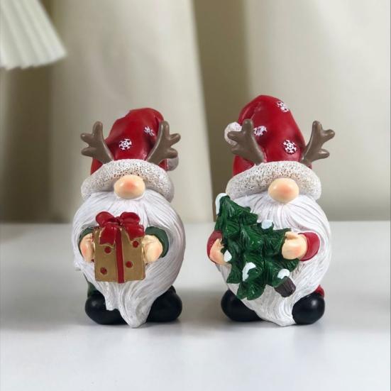 Small Statue for Living Room Christmas Gnome Figurine, Resin Red Santa Dwarf with Tree/Gift Box, Cute Faceless Antlers Tomte Swedish Nordic