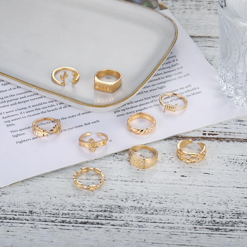Ring, Fashion Letter Angel Leaf Mesh Ring, Personality Spring 9-Piece Gold Plated Set Ring