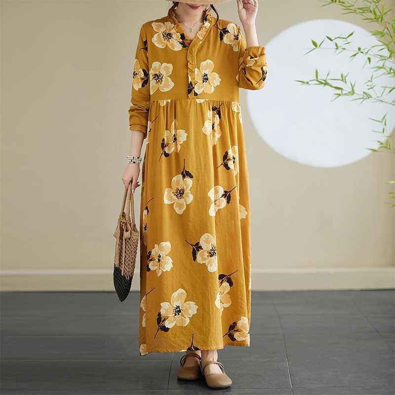 Loose Mulle Lace Long Sleeve Hem Long Dresses