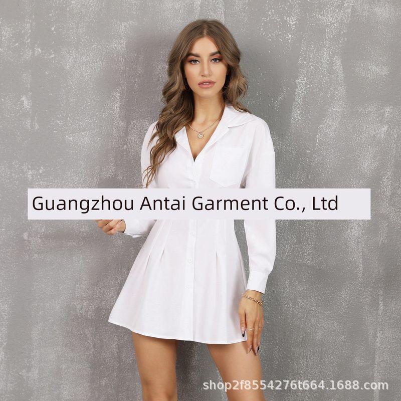Solid Color Lapel Waist Cinched Shirtskirt Solid Color Polo Collar Fitted Waist Shirt Dress