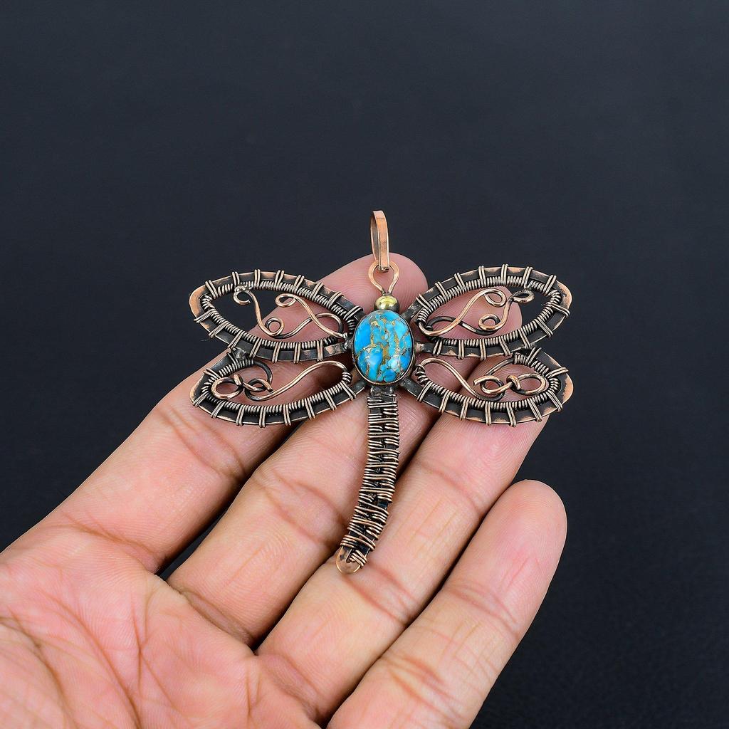 Blå kopparturkos Handgjord Ädelstenshänge, 999 Koppartråd lindat Hänge Antika Smycken, För Förlovningsgåva