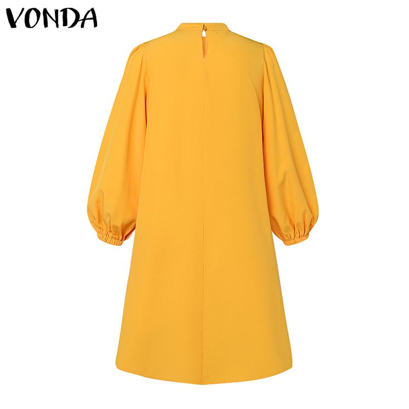 VONDA Women Plus Size Stand Collar Tie Decorated Long Sleeve Solid Color Dresses