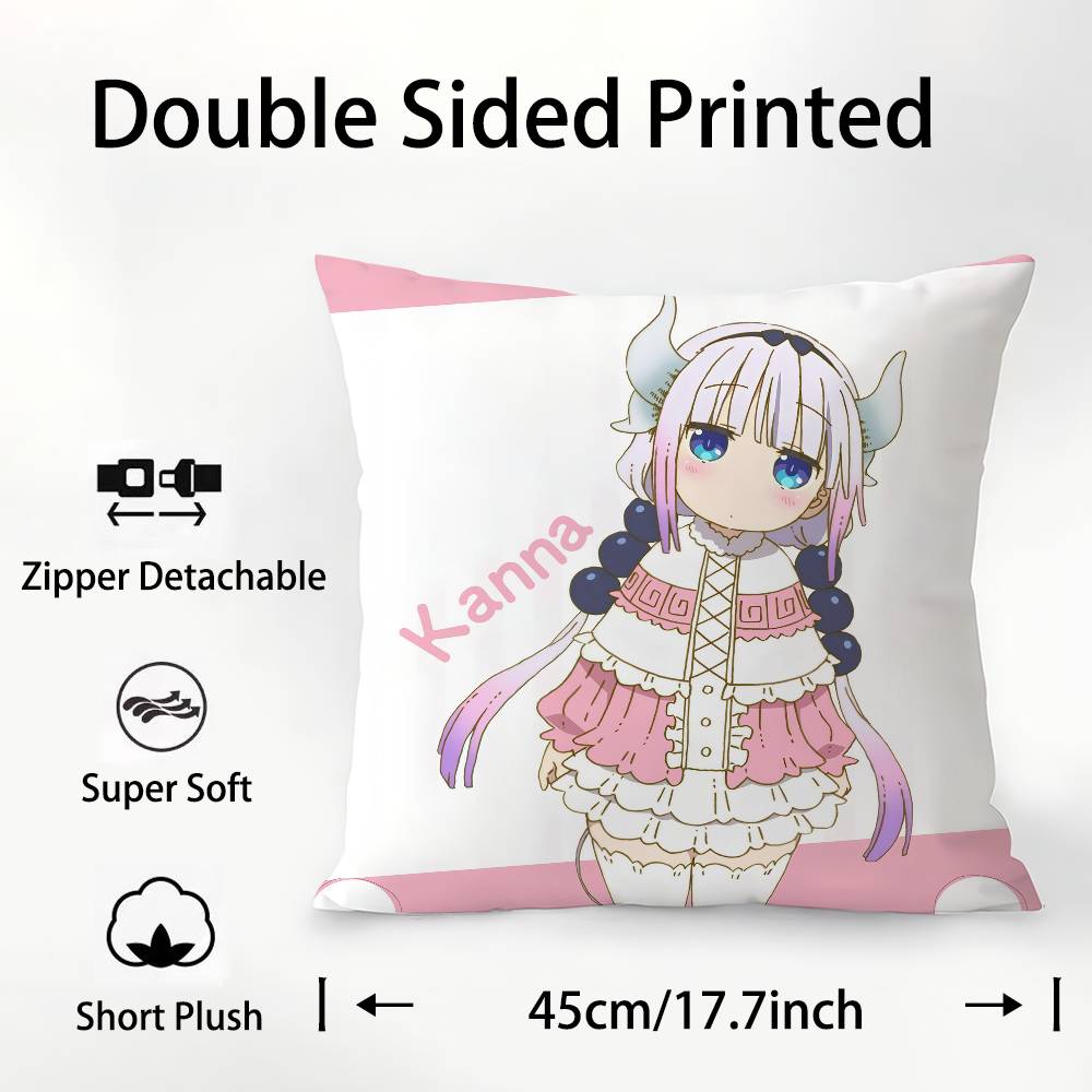 Anime Miss Kobayashis Dragon Kobayashi Kanna Pillow Case Square Double‑Sided Print Cushion Case For Sofa Home Bedchamber Decor