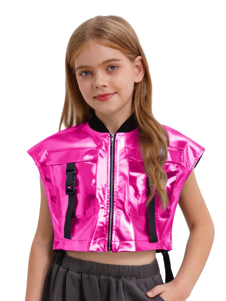 Girls Shiny Metallic Vest Sides Open Sleeveless Zipper Jacket Buckle Pockets Jazz Dance Costume