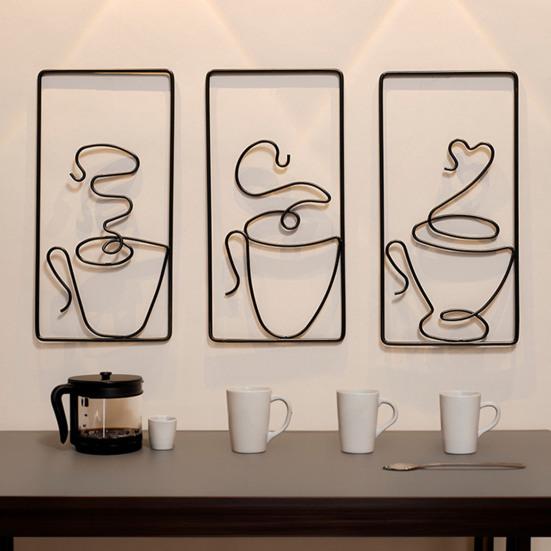 Framed Coffee Cup Metal Wall Art Vintage Iron Wire Cup Bar Decor Cafe Themed Wall Hanging Sign for Restaurant Kitchen Shop Home Office