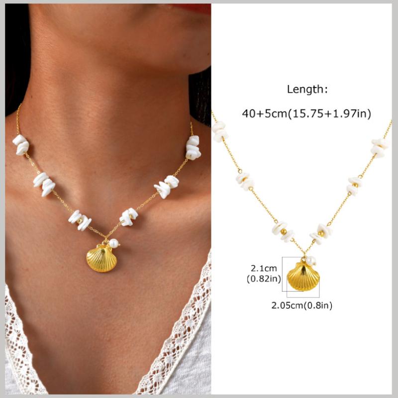 18k Gold Plated Pearl Shell Conch Starfish Summer Beach Necklace, Charms Necklace for Women,Stainless Steel Waterproof Jewelry
