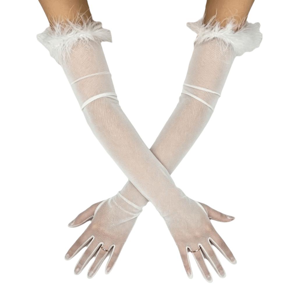 Silk Long Gloves Solid Color Mesh Mittens Fashion Feather Gloves NightClub