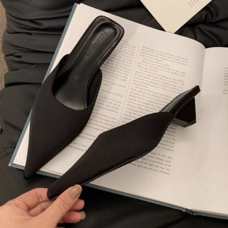 Fashion Women Slippers Pointed Toe Leopard Design Shallow Slip on Thin Low Heels Black Flock Design Casual Mules Loafers Black Outdoor