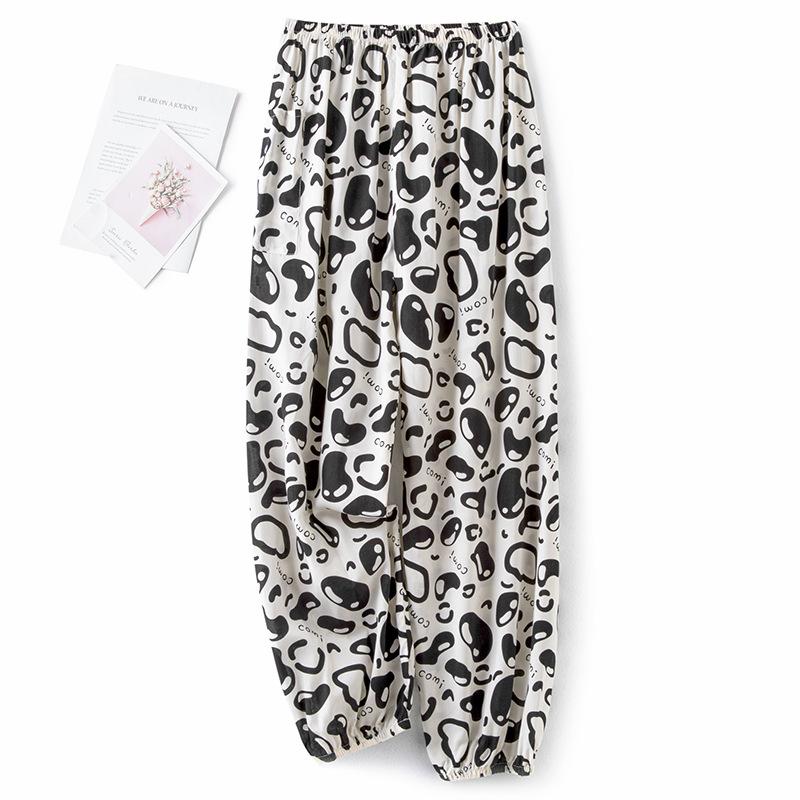 Pantaloni de pijama din bumbac mătase pentru femei, secțiune subțire de vară, anti-țânțari, pantaloni cu picior lat, culoare uni, pentru exterior, casă, petrecere a timpului liber, imprimeu, pantaloni de plajă până la genunchi