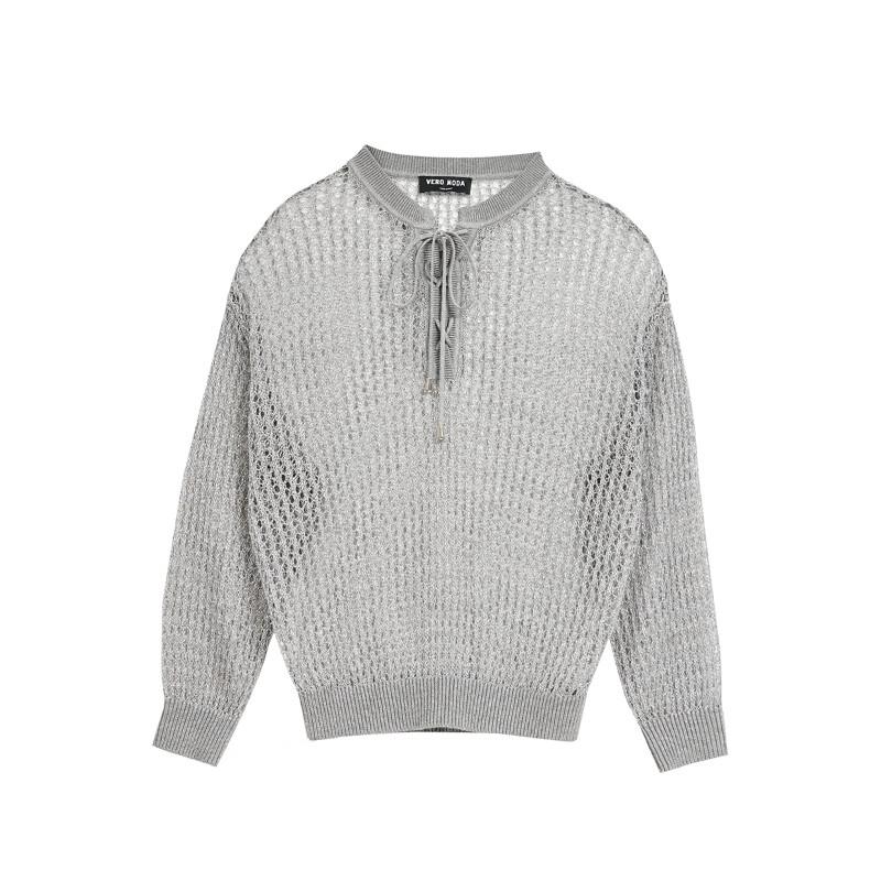 VEROMODA Metallic V-Neck Tie-Front Knit Sweater