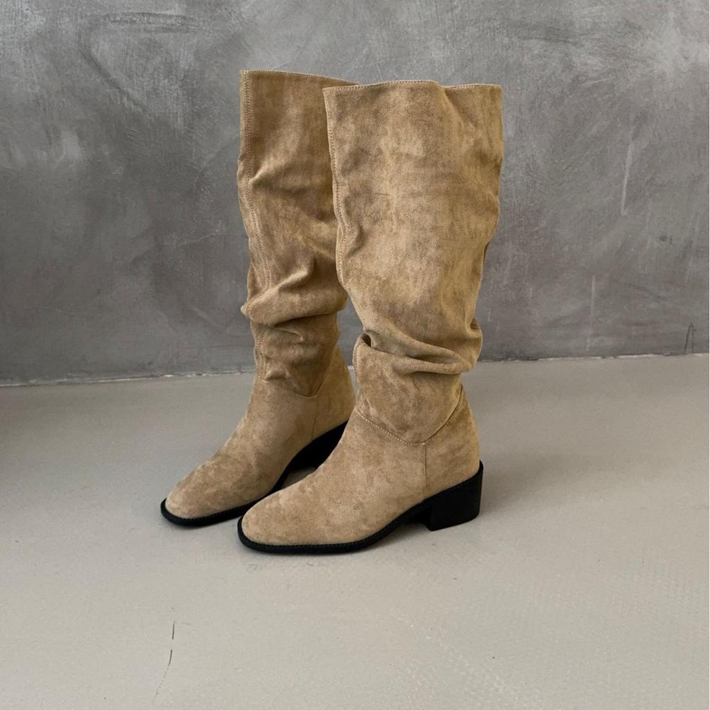 2025 New Round Head Thick High Heel High Tube Suede Thin Knight Fashion Women's Long High Tube Stacking Riding Boots