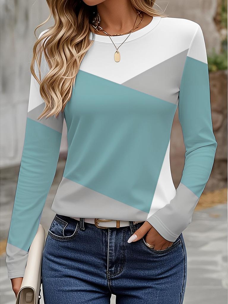 Damen 3D Colorblock-Nähte T-Shirt modisch langärmlig Rundhals normale Oberteile Feiertagswochenende Frühling und Herbst