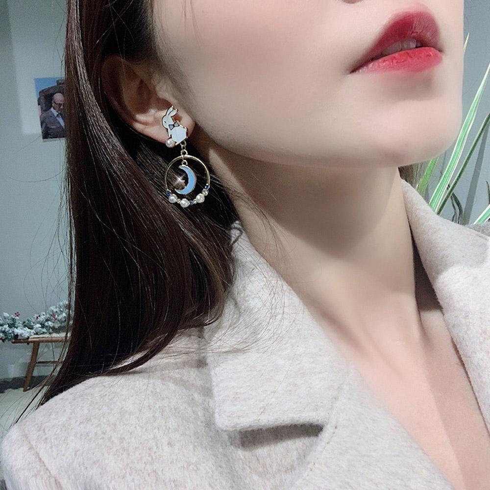 Personality Ins Moon Girl Pink Anti Allergy Enamel Rabbit Drop Earrings Asymmetric Earrings
