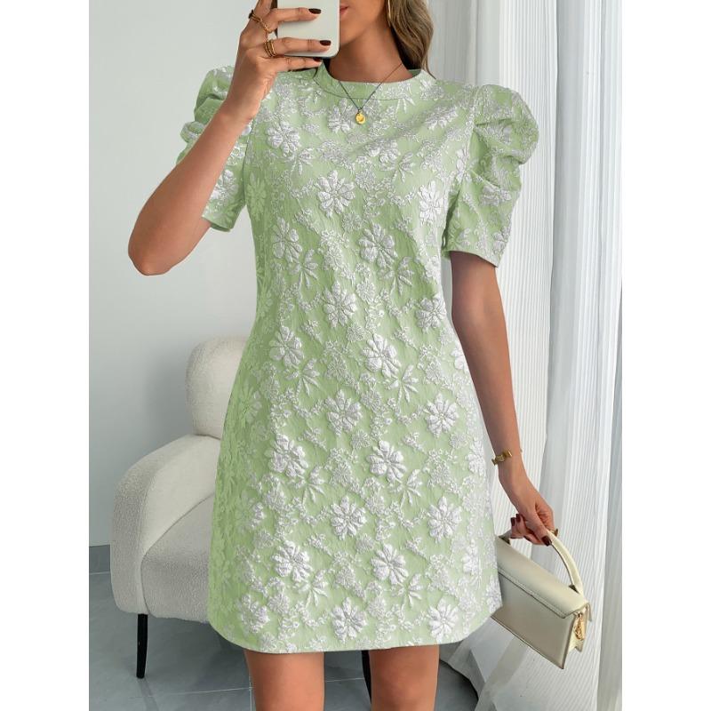 Dámské letní nové šaty s texturovaným žakárovým vzorem s bublinkovými rukávy, kulatým výstřihem, ve vintage stylu, jednobarevné