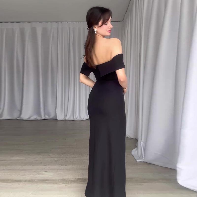 2024 Summer Women's Off-Shoulder Slit Bodycon Dress - European & American Style Fashion