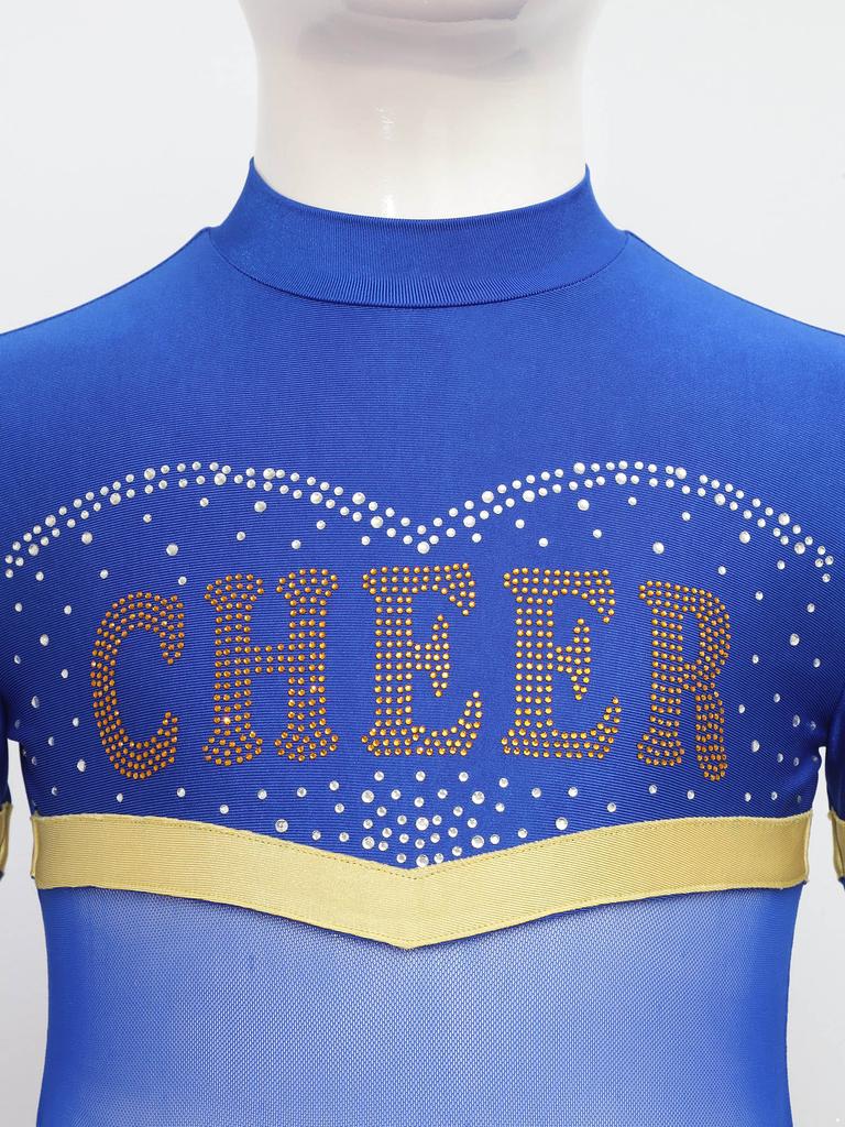 Girls One Piece Cheerleader Costume Long Sleeve Mesh Patchwork Shiny Diamonds Cheerleading Bodysuit