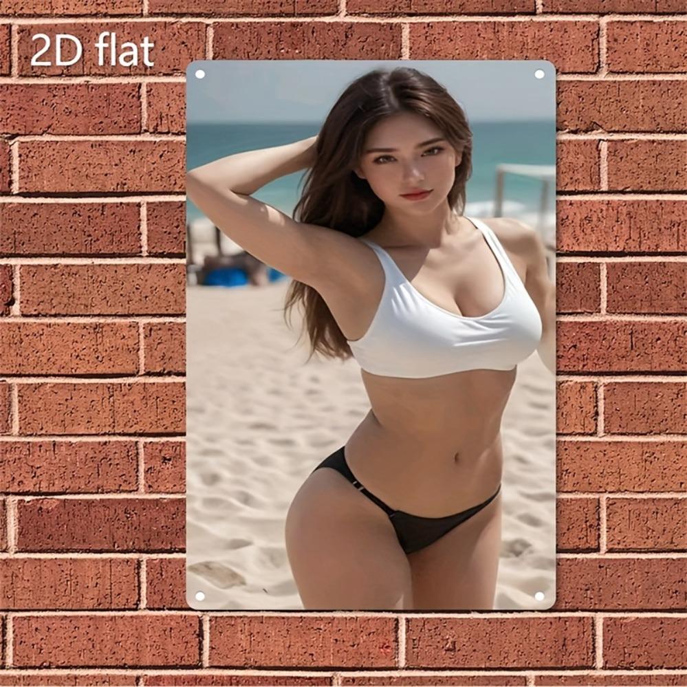 

D PC Bikini Beach Art Metal Poster White Bikini Black Swimsuit Woman Print for Home Bar Cafe Bathroom Decor 20x30cm（7.8x11.8inch）