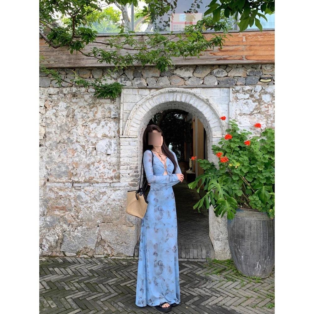 

Waist deep v temperament long-sleeved dress pure desire seaside vacation beautiful long dress XL