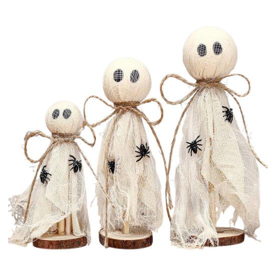 3Pcs Rustic Halloween Ghost Decor Handcrafted Wooden And Fabric Ghost Figurines 3 Sizes Farmhouse Style Shelf Decorations Party Supplies